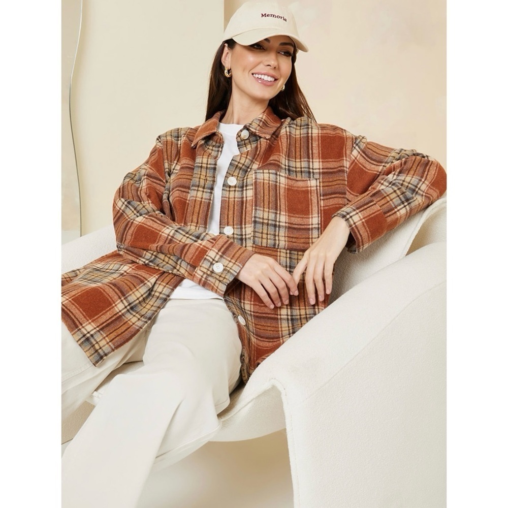 Sunday Club Plaid Shirt Jacket Brown Shacket Cozy fuzzy wool like Large new NWOT